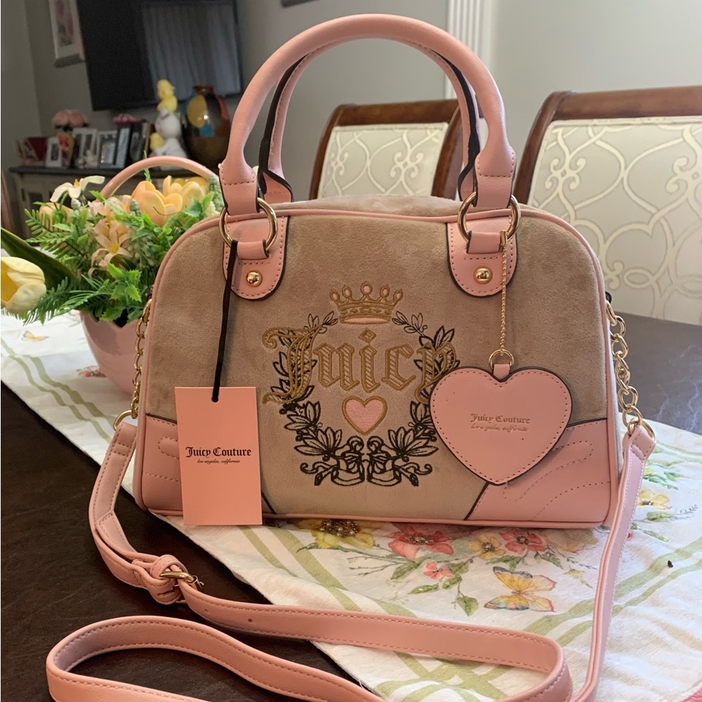 Juicy Couture Pink and Tan Suede Leather Satchel with Heart Hang Tag
